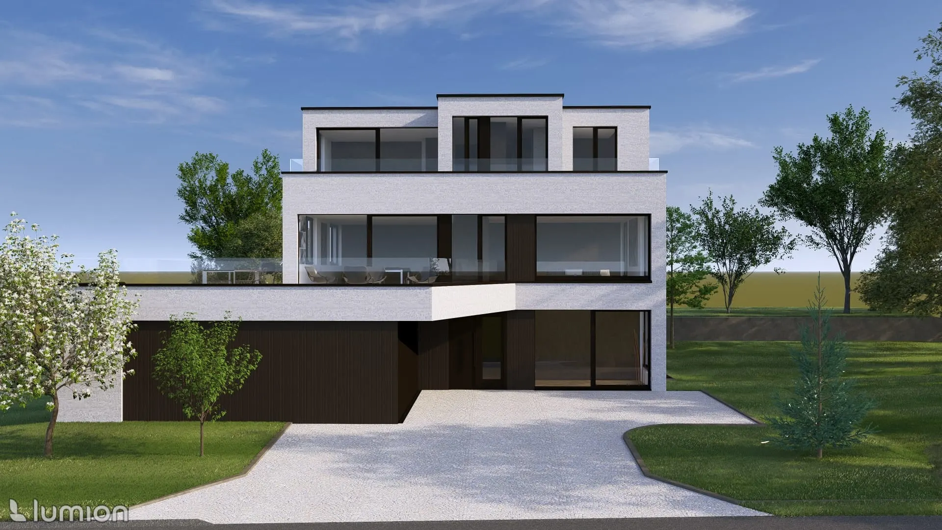 Visualisierung: Ersatzneubau Einfamilienhaus mit gestaffelten Geschossen und Dachterrasse