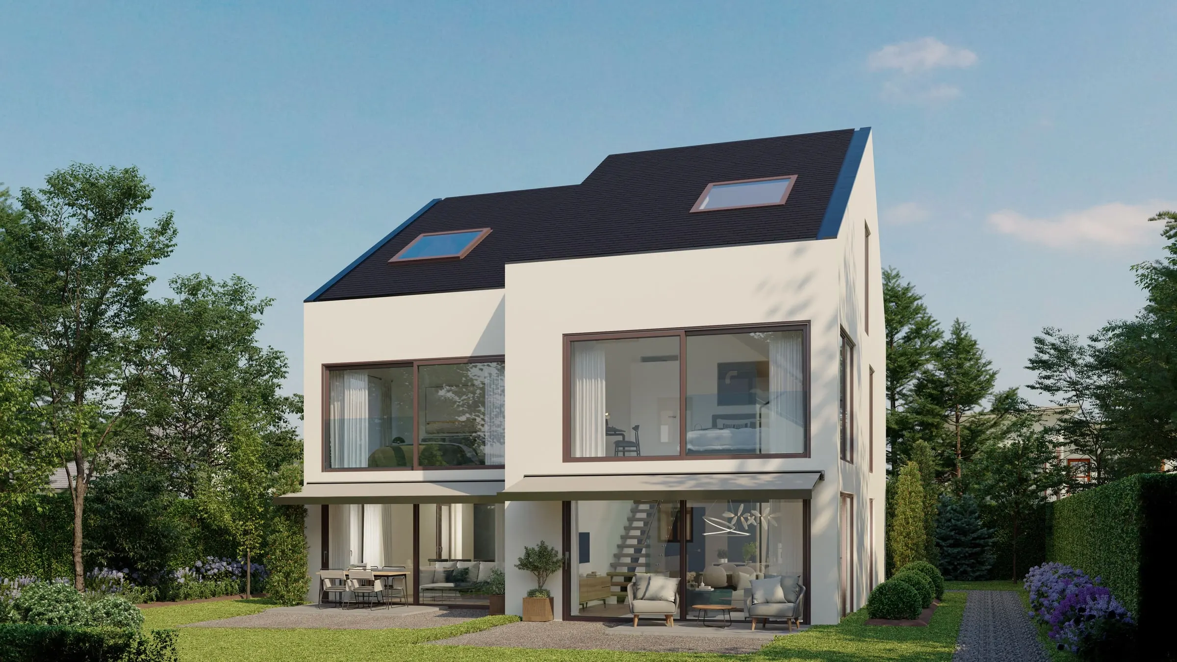 Visualisierung: Doppeleinfamilienhaus mit Flachdach und heller Fassade, Blick vom Garten