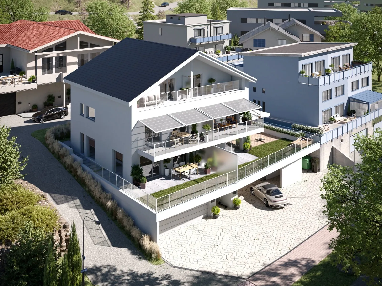 Visualisierung: Doppeleinfamilienhaus mit Satteldach, Balkonen und Vorplatz aus der Luft