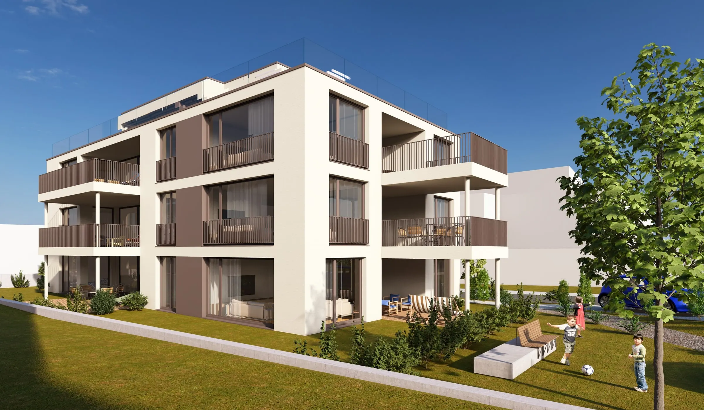 Visualisierung: Mehrfamilienhaus mit drei Geschossen und durchlaufenden Balkonen
