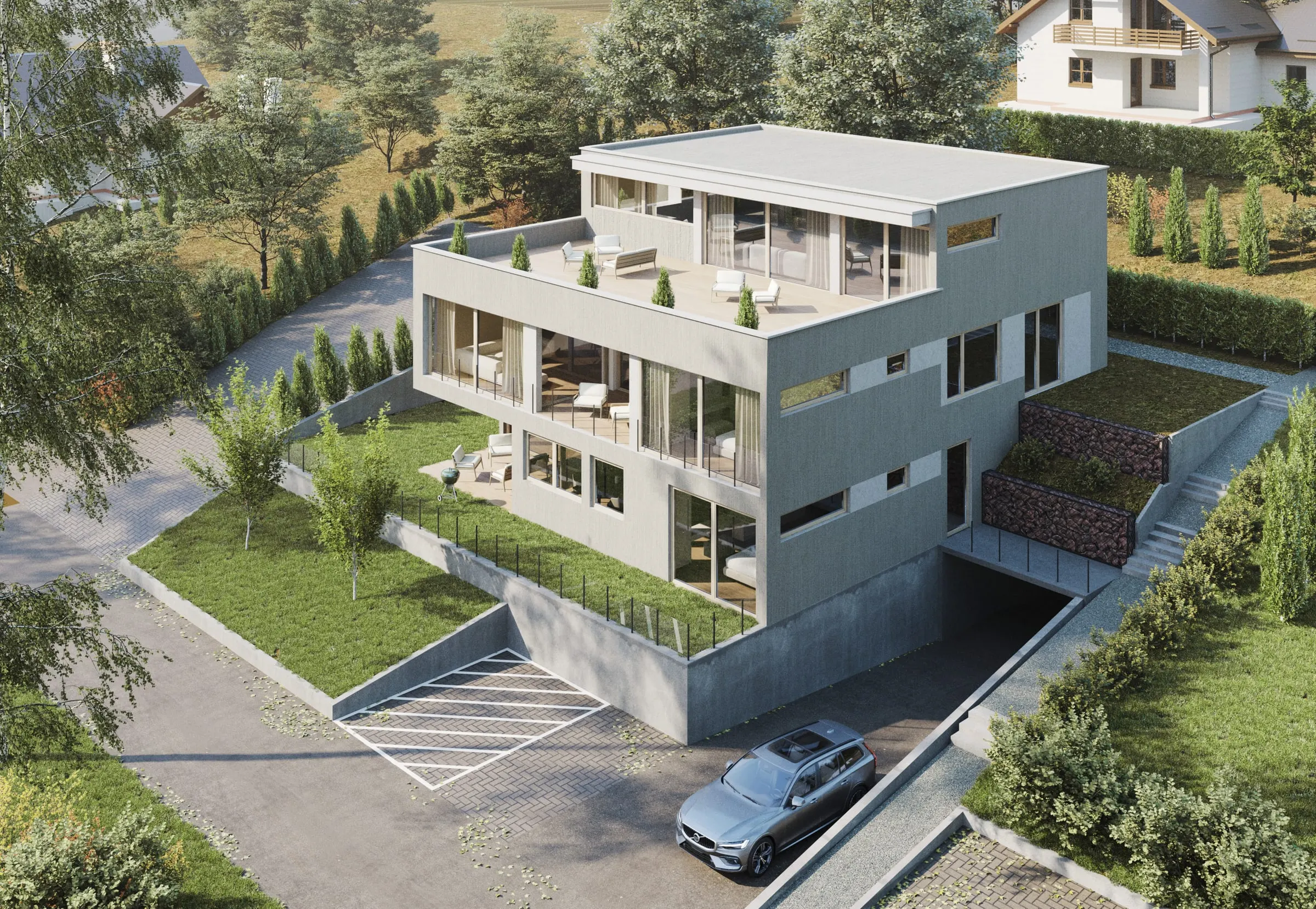 Visualisierung: Mehrfamilienhaus in Hanglage mit Terrassen, Luftaufnahme