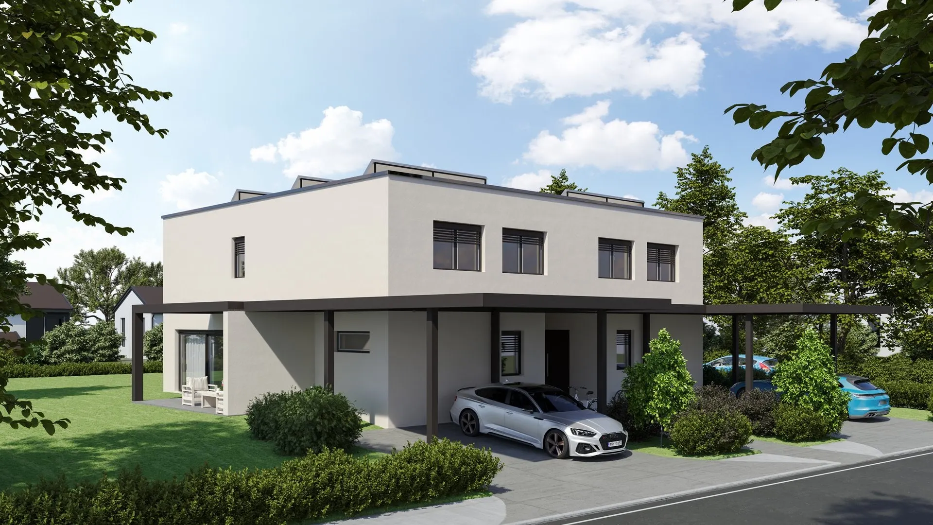 Visualisierung: Kubischer Neubau mit Flachdach und gedecktem Vorplatz