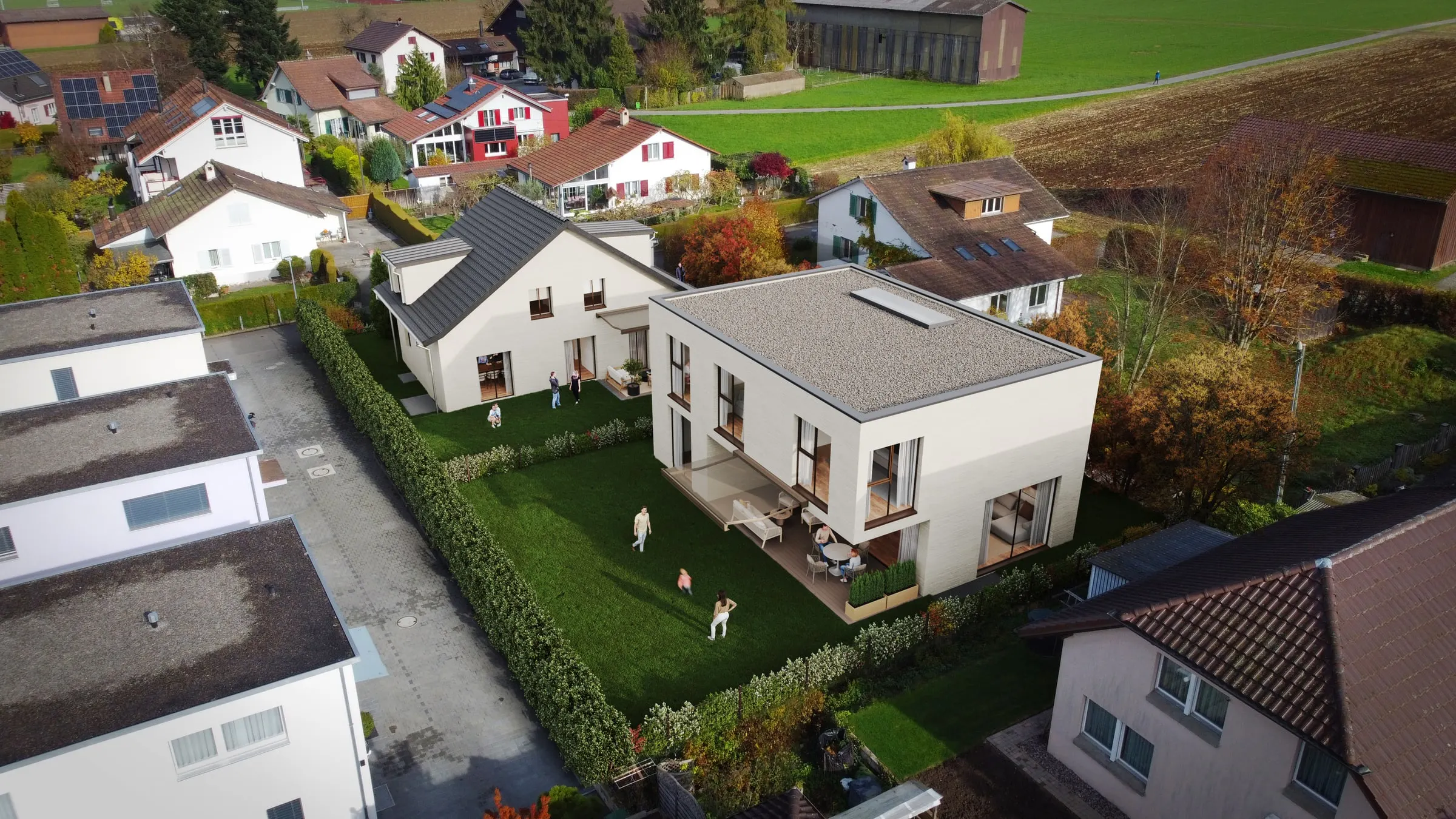 Visualisierung des Einfamilienhauses mit Garten, aus der Luft