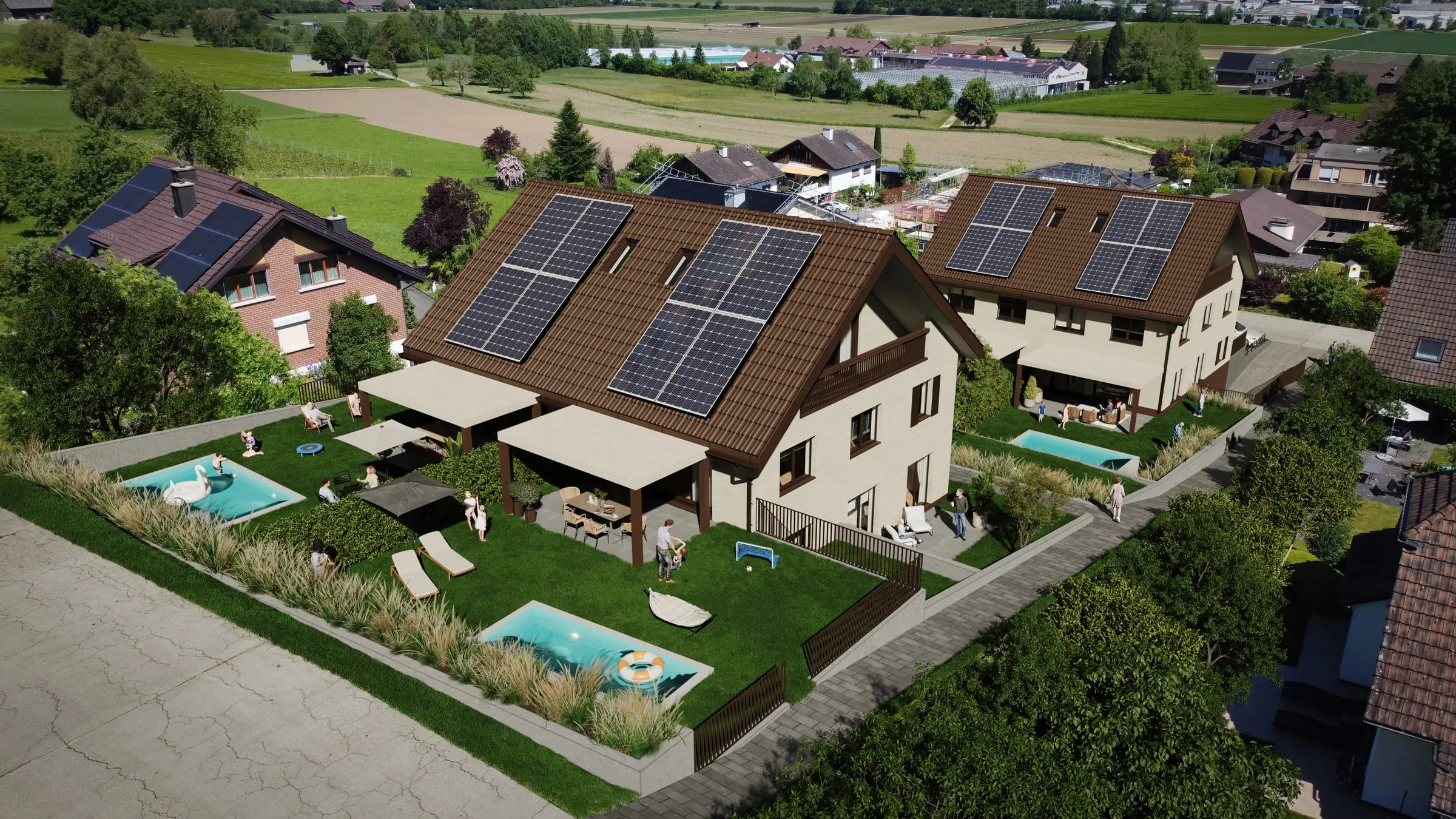 Visualisierung der zwei Doppeleinfamilienhäuser mit Gärten und Aussenpools aus der Luft