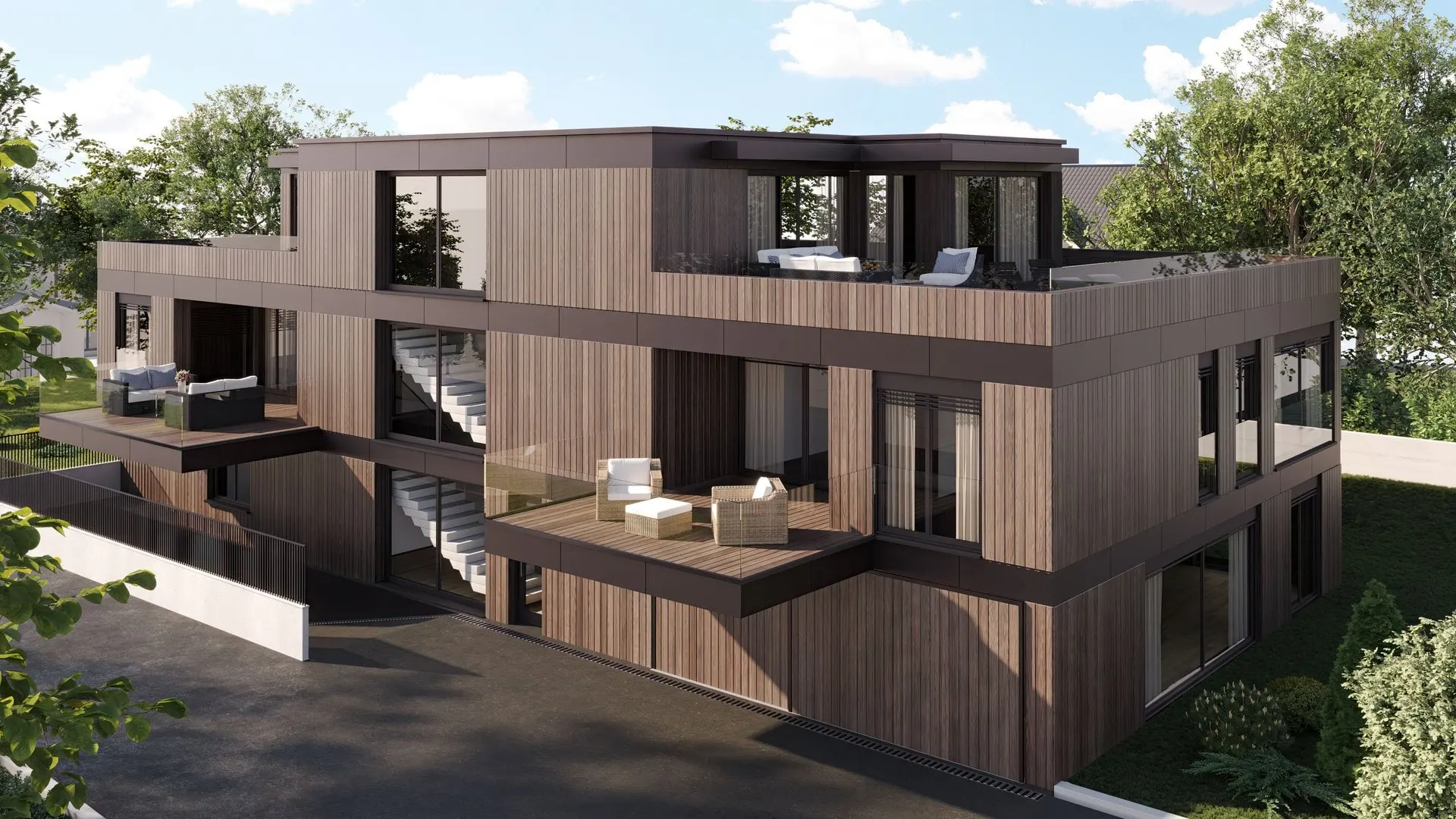 Visualisierung eines Mehrfamilienhauses mit vertikaler Holzfassade und gestaffelten Terrassen
