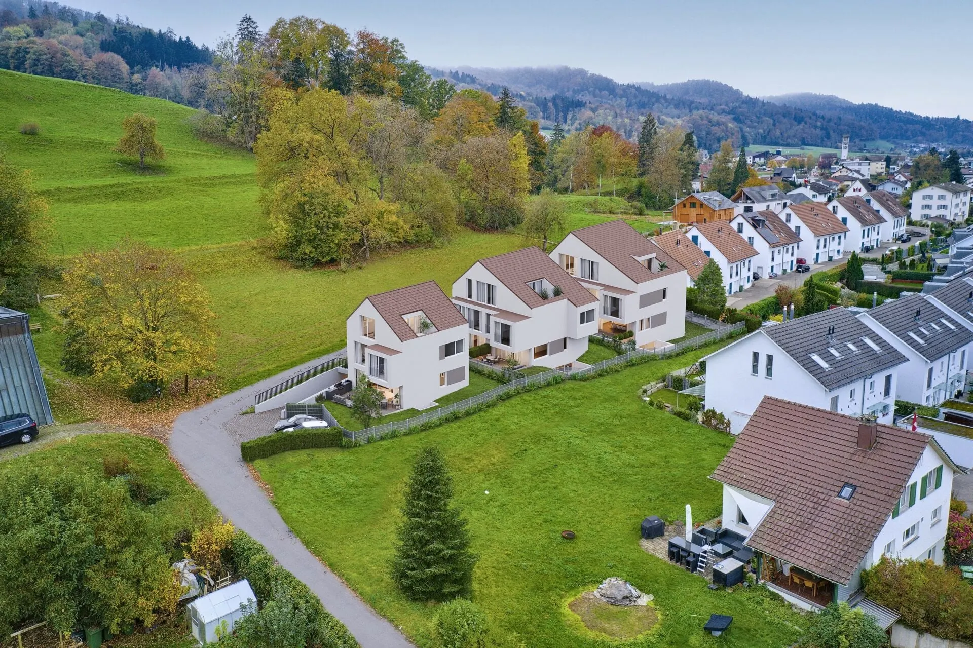 Visualisierung: Siedlung mit Satteldachhäusern aus der Luft