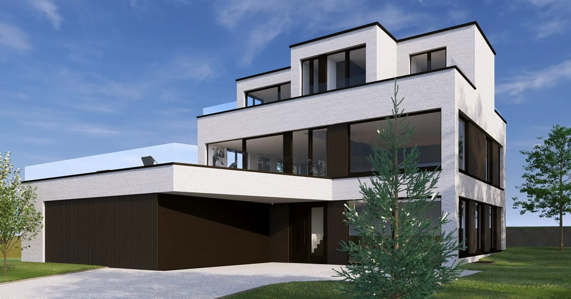 Visualisierung: Seitenansicht mit Terrassen und Garagenzufahrt