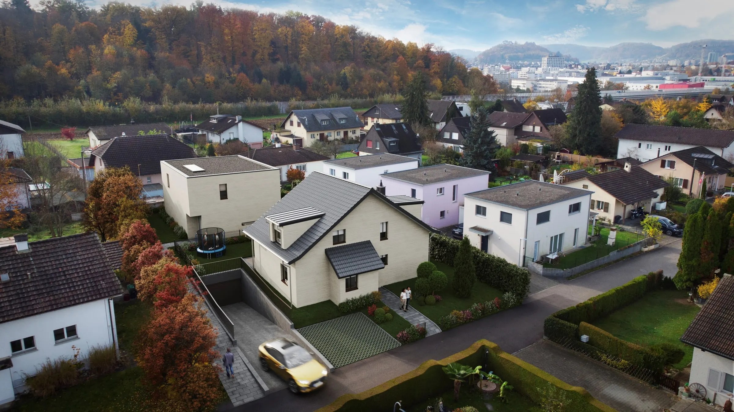 Visualisierung im Quartier mit Zufahrt zur Garage