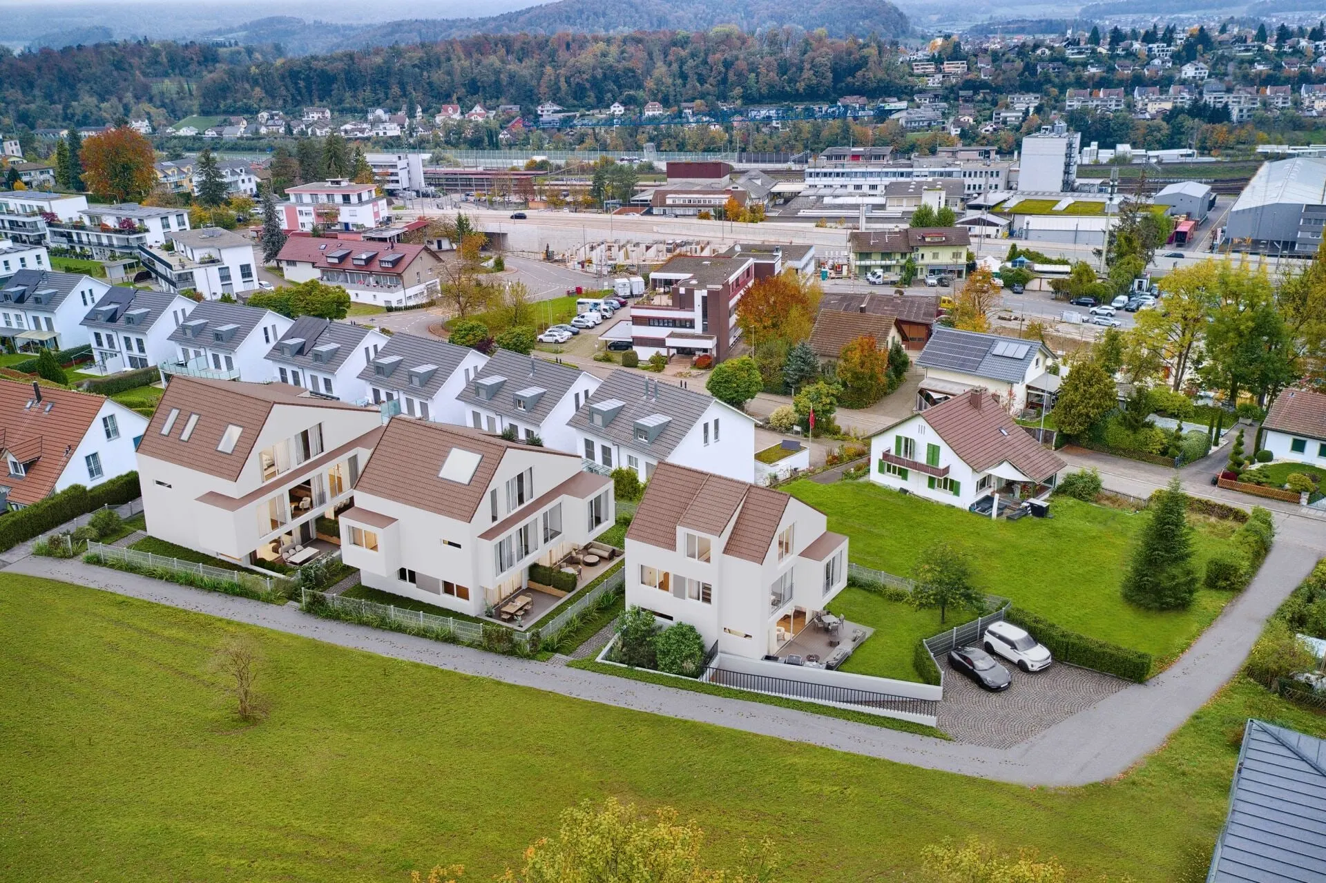 Visualisierung: Luftaufnahme der Überbauung mit Umgebung
