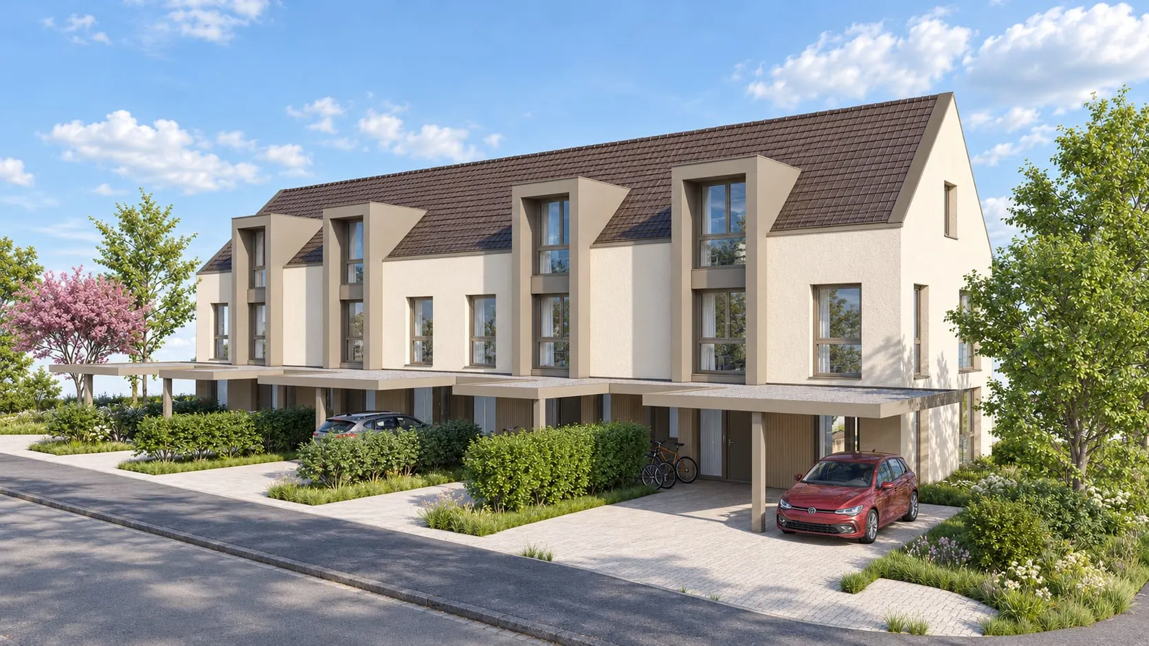 Visualisierung der Eingangsseite mit Carports, von der anderen Strassenecke