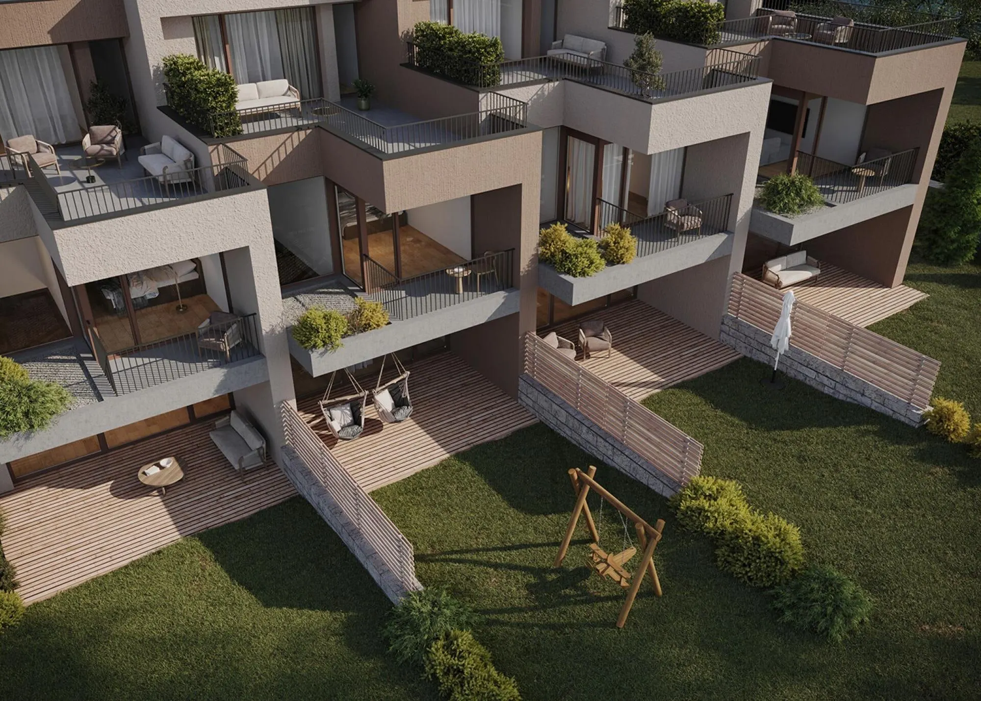 Visualisierung: Gartenseite mit Terrassen und Spielwiese