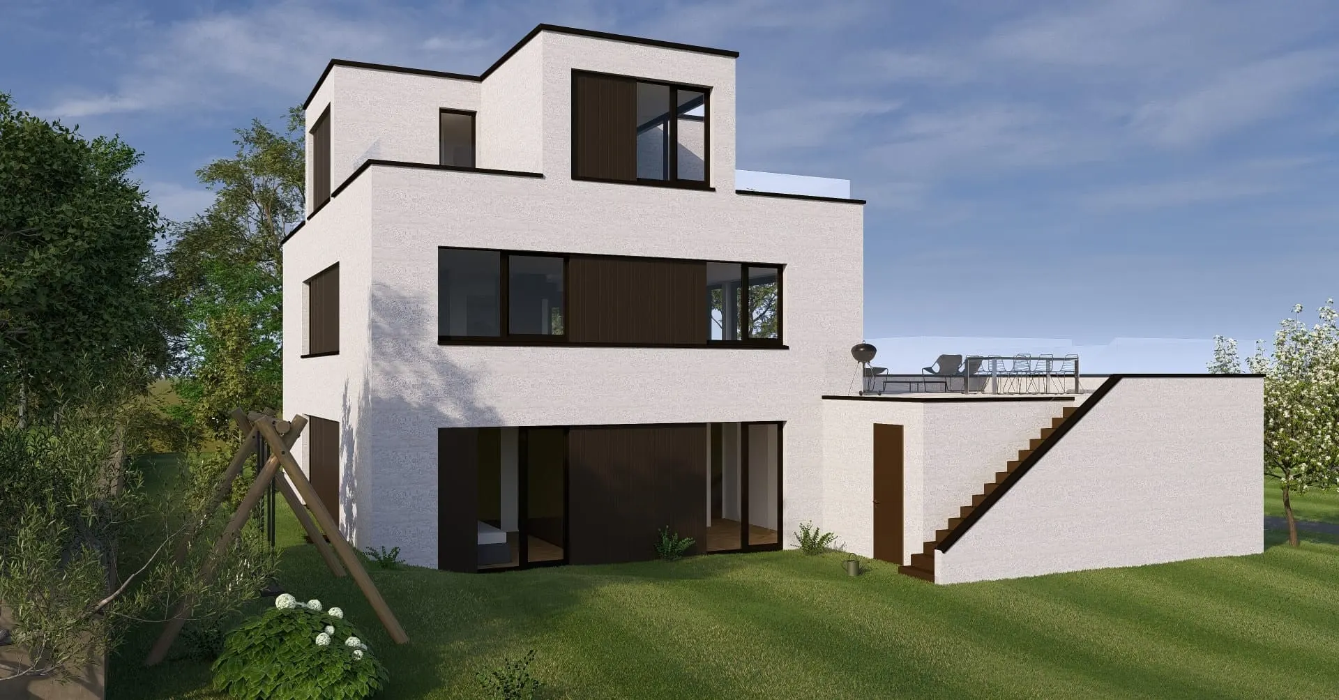 Visualisierung: Gartenansicht mit Aussentreppe zur Dachterrasse