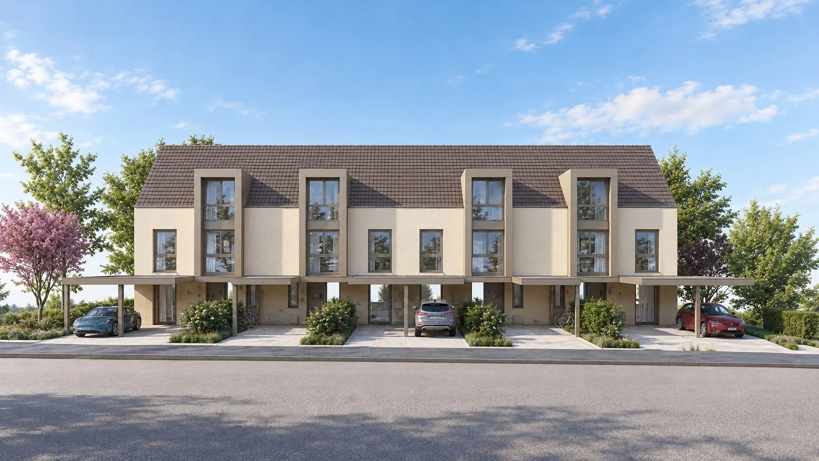 Visualisierung der Eingangsfassade mit vier Hauseinheiten und Carports