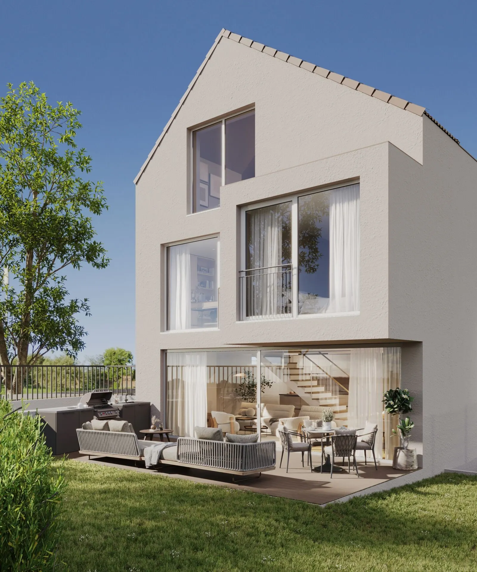 Visualisierung: Fassade eines Doppeleinfamilienhauses mit Sitzplatz