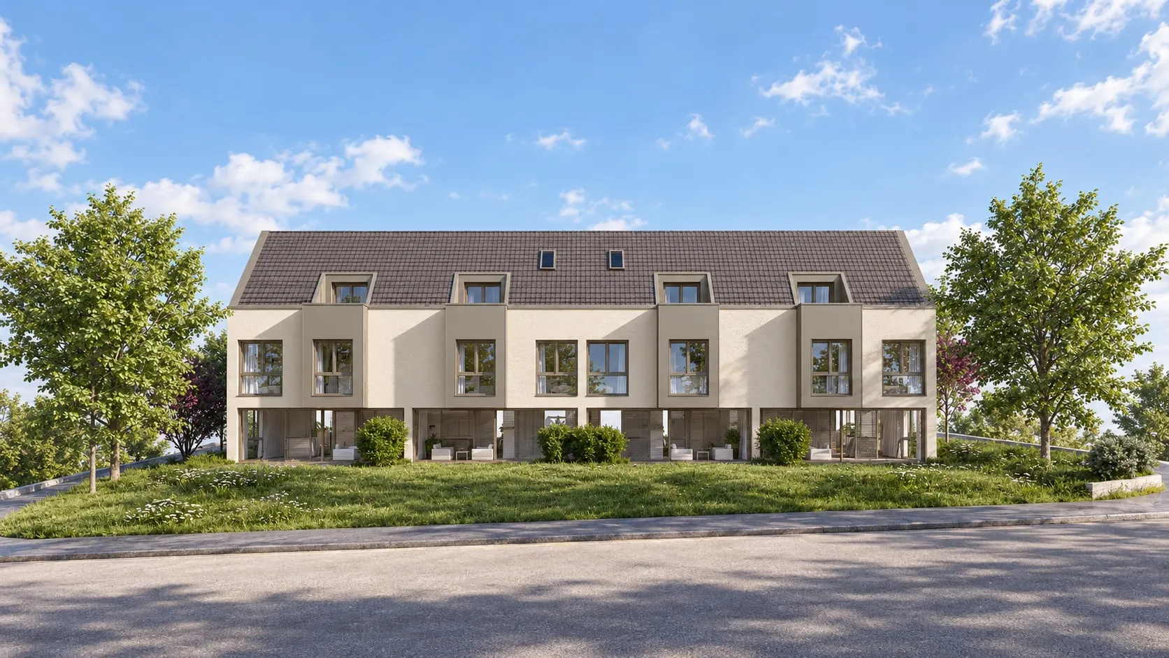 Visualisierung der Gartenfassade mit Terrassen