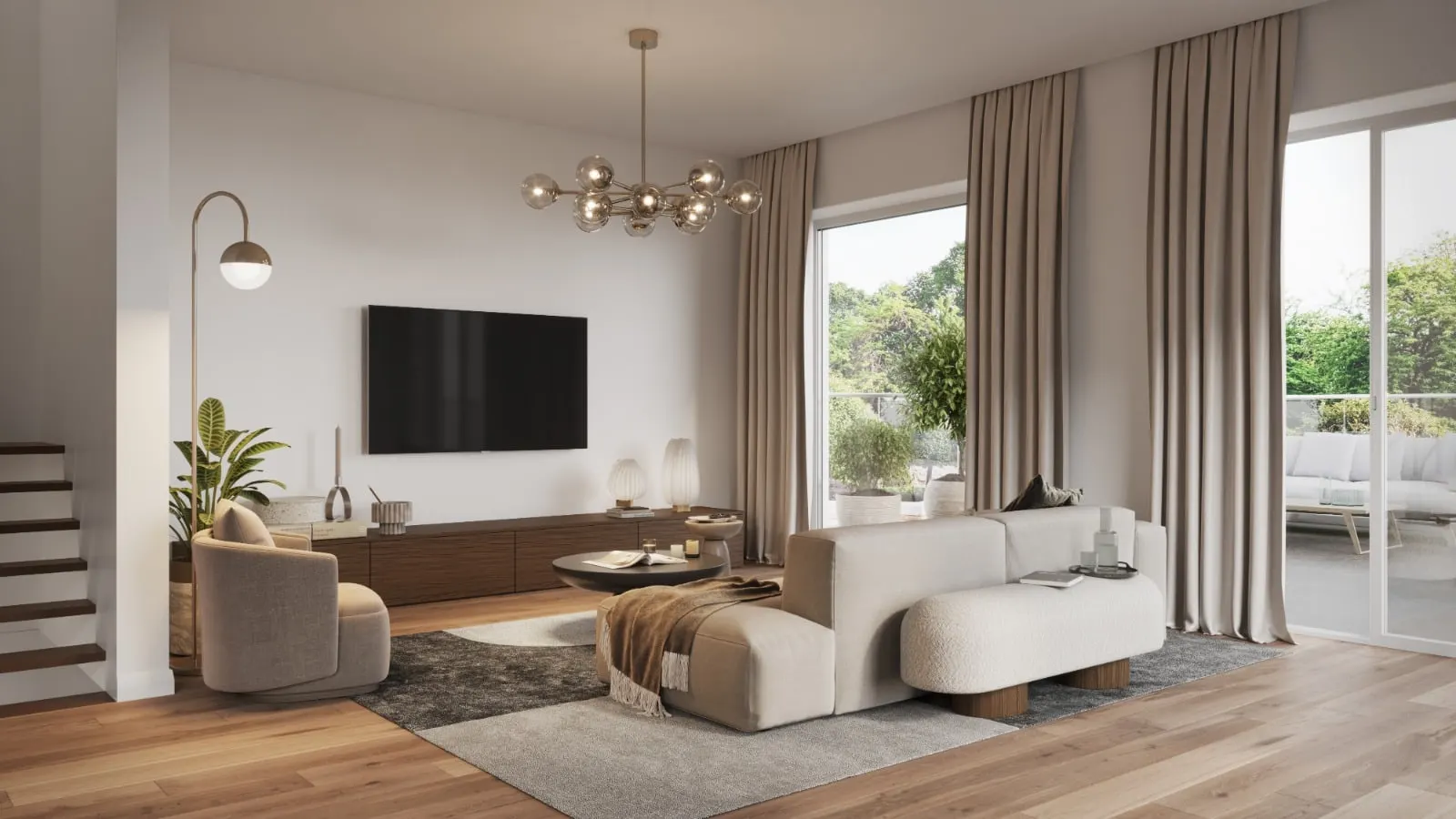 Visualisierung: Wohnbereich mit Sofa und Fernsehwand