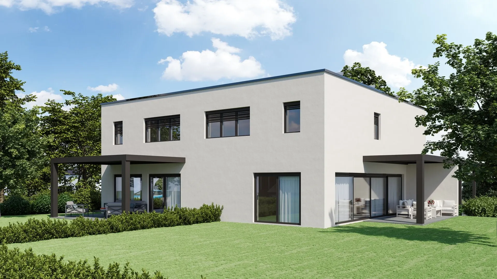 Visualisierung: Gartenseite des Doppeleinfamilienhauses mit gedecktem Sitzplatz