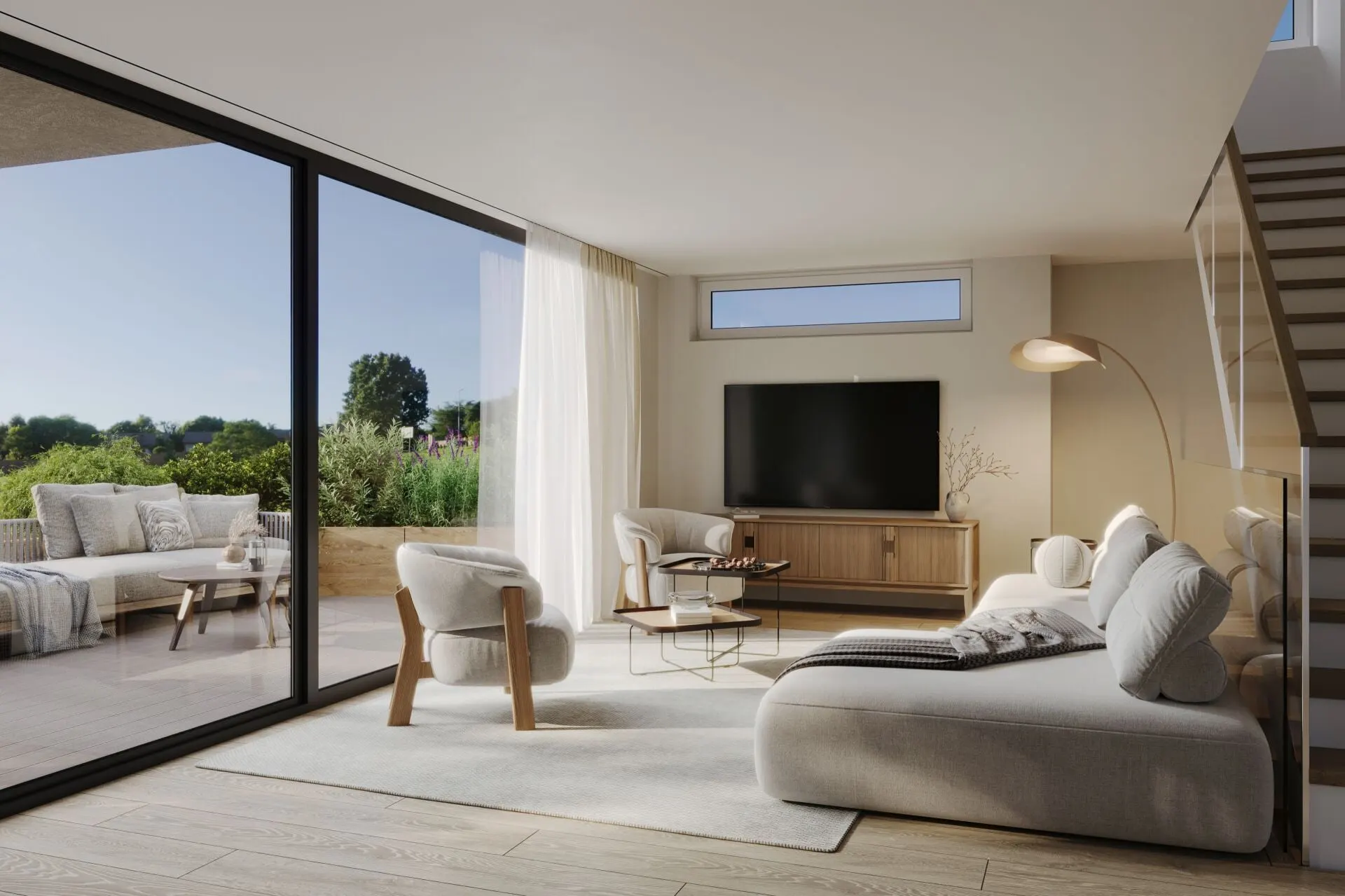 Visualisierung: Wohnzimmer mit Ausgang auf die Terrasse