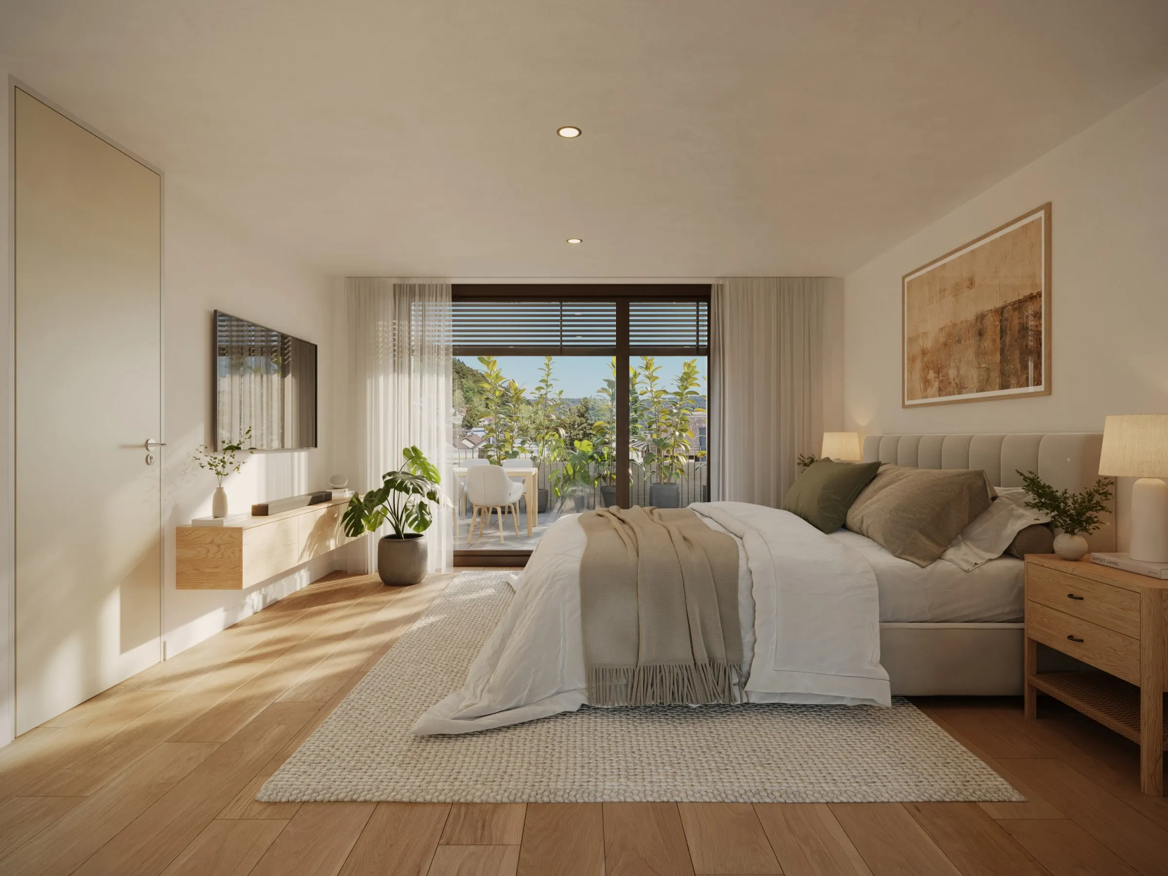 Visualisierung Elternschlafzimmer mit Ausgang auf den Balkon