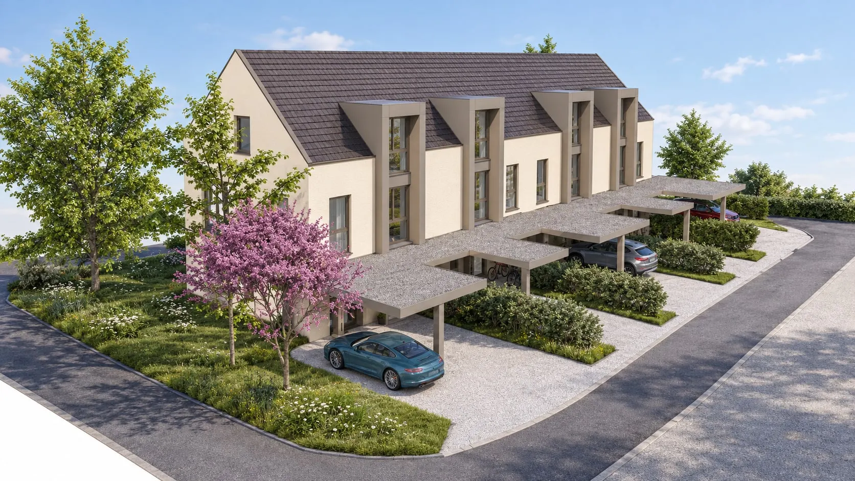 Visualisierung aus der Luft mit Carports und Zufahrt