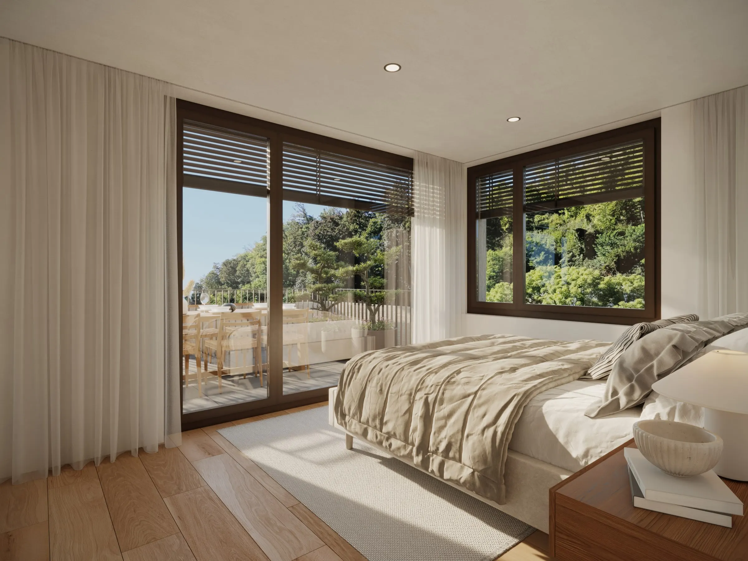 Visualisierung Elternschlafzimmer mit grossen Fenstern