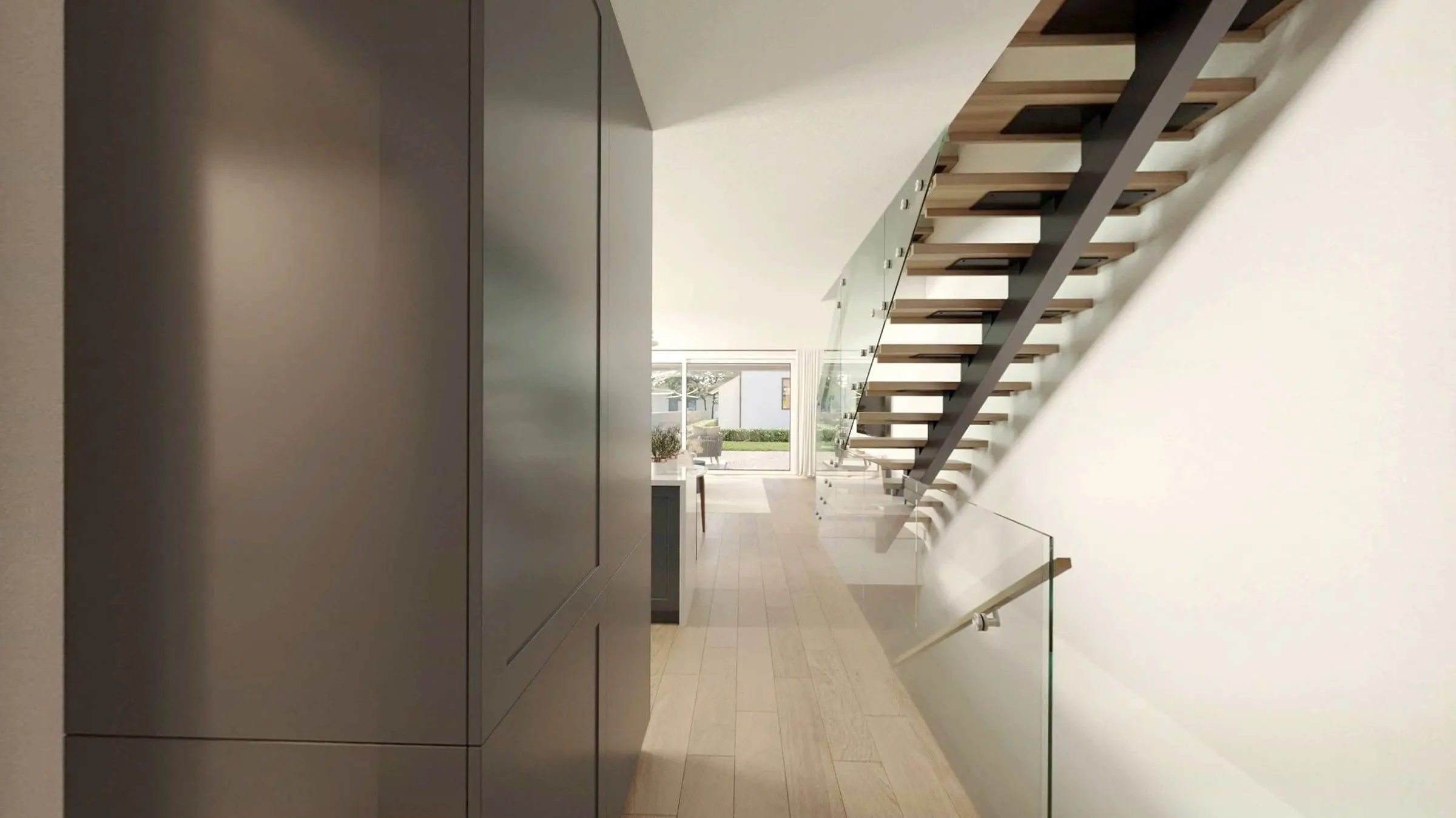 Visualisierung: Treppenhaus mit Holztritten und Glasbrüstung