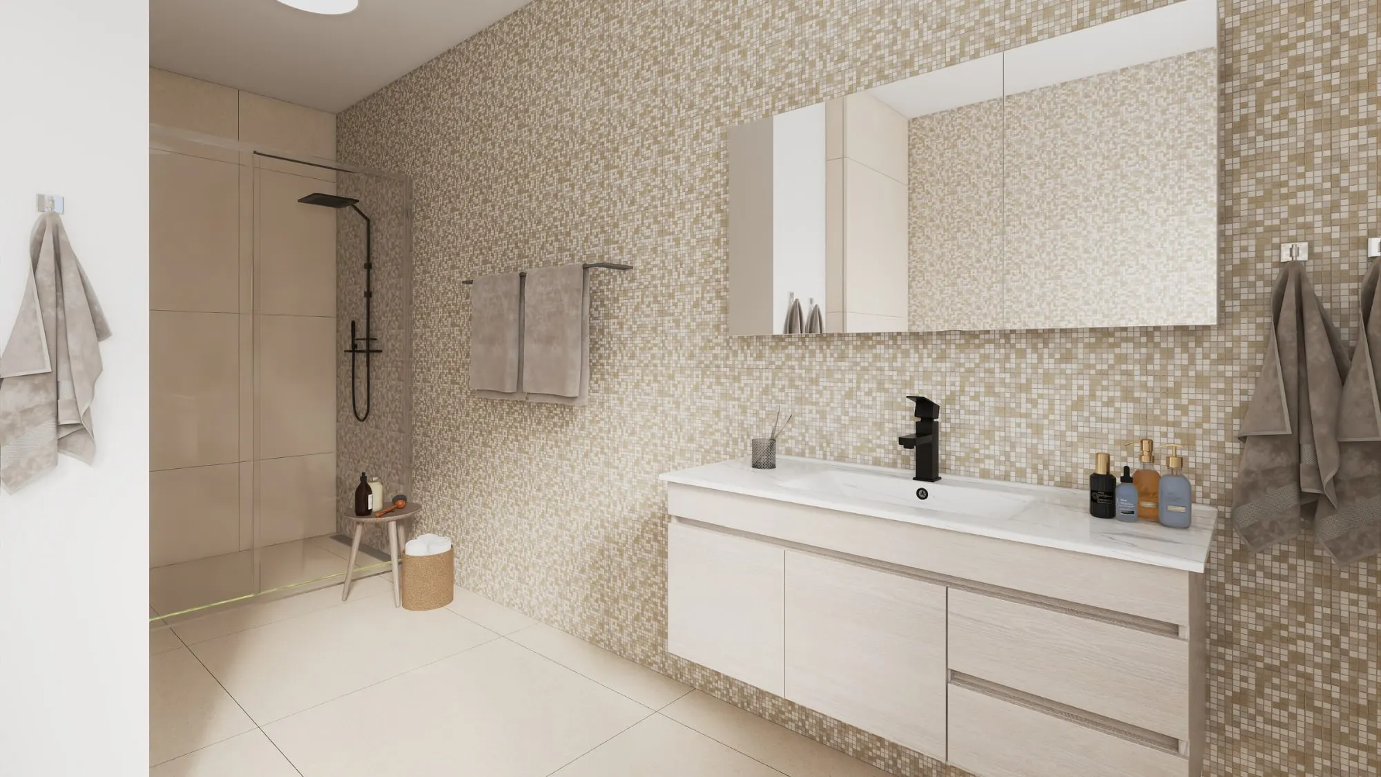 Visualisierung Badezimmer mit Dusche und Waschtisch