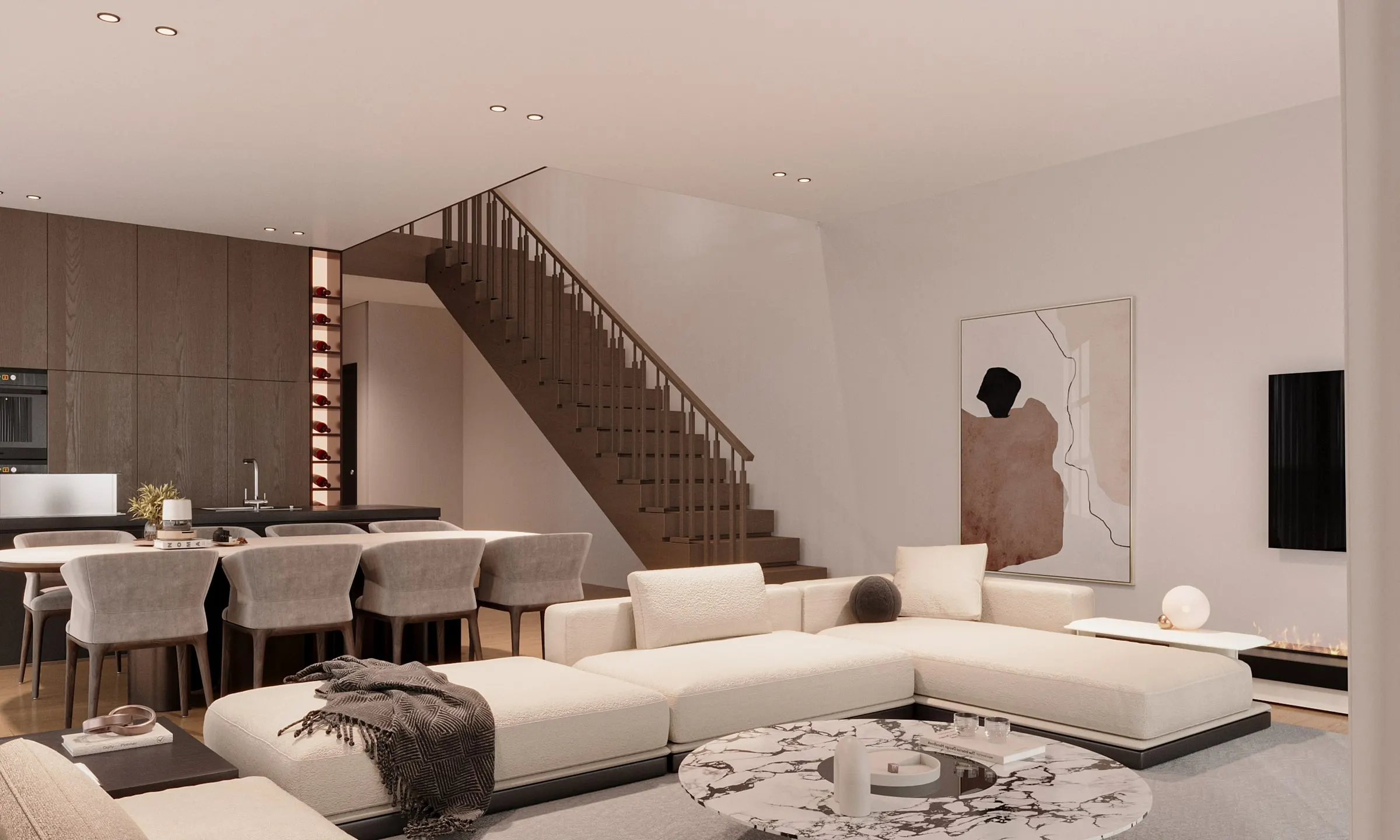 Visualisierung Wohnzimmer mit Treppe ins Obergeschoss