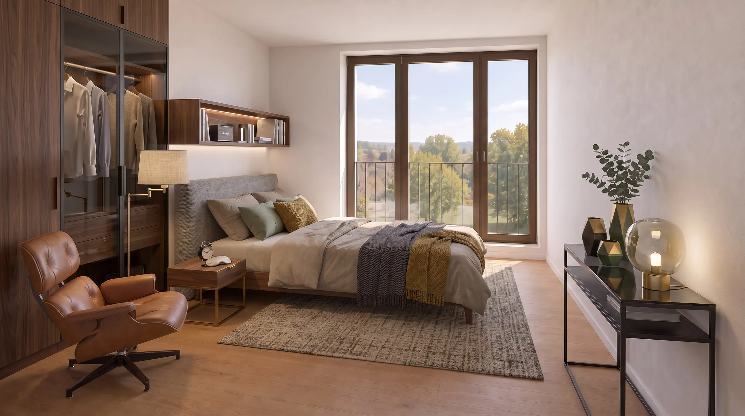 Visualisierung Zimmer mit Einbauschrank und Sessel