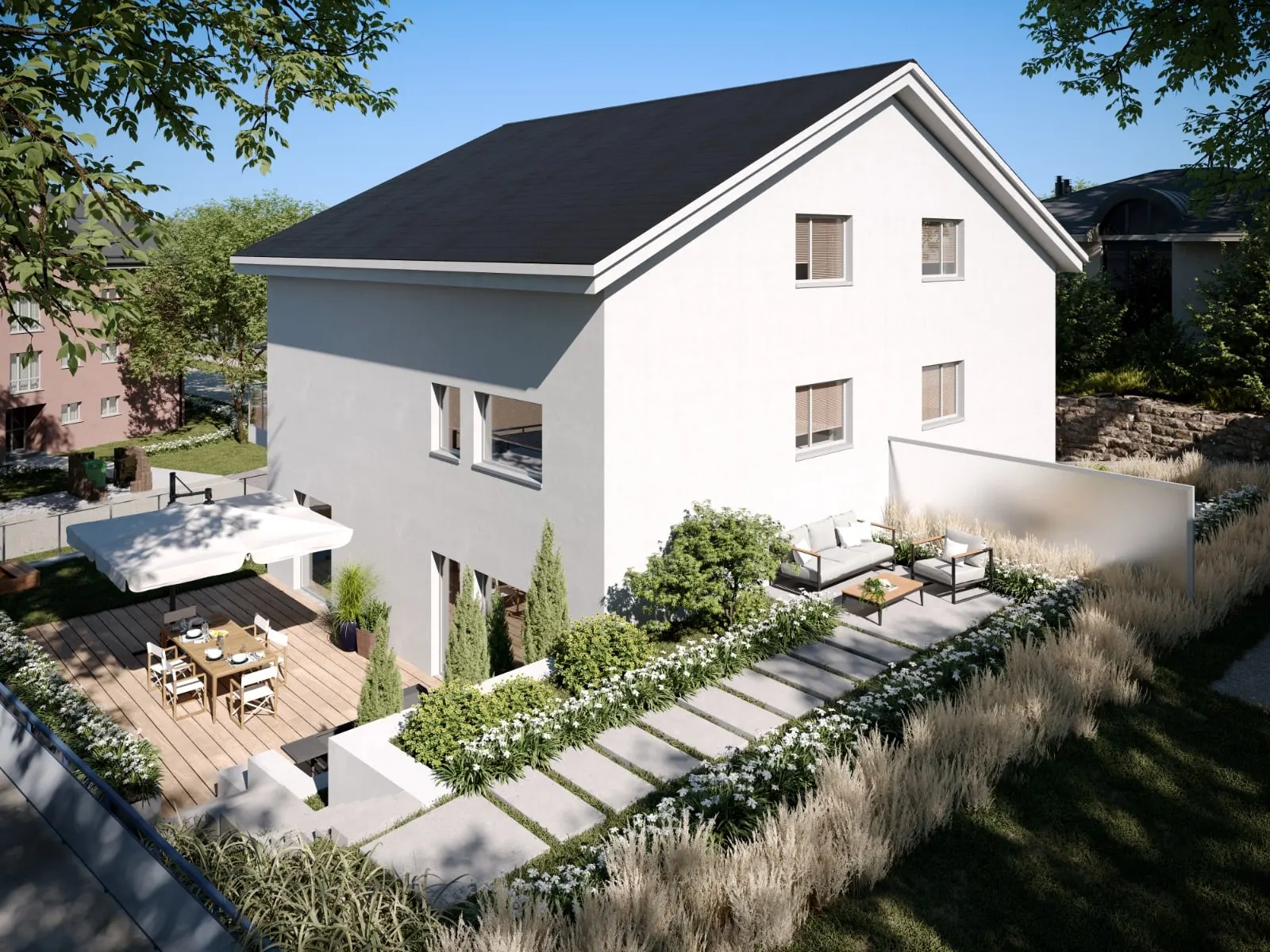 Visualisierung: Gartenseite mit Terrasse und Bepflanzung