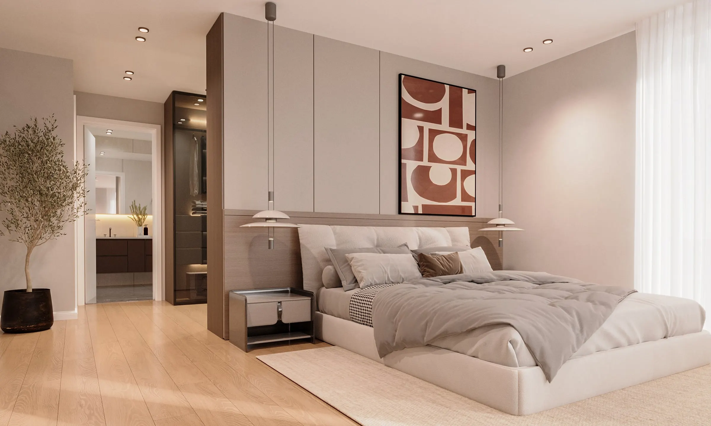 Visualisierung Schlafzimmer mit Zugang zum Bad