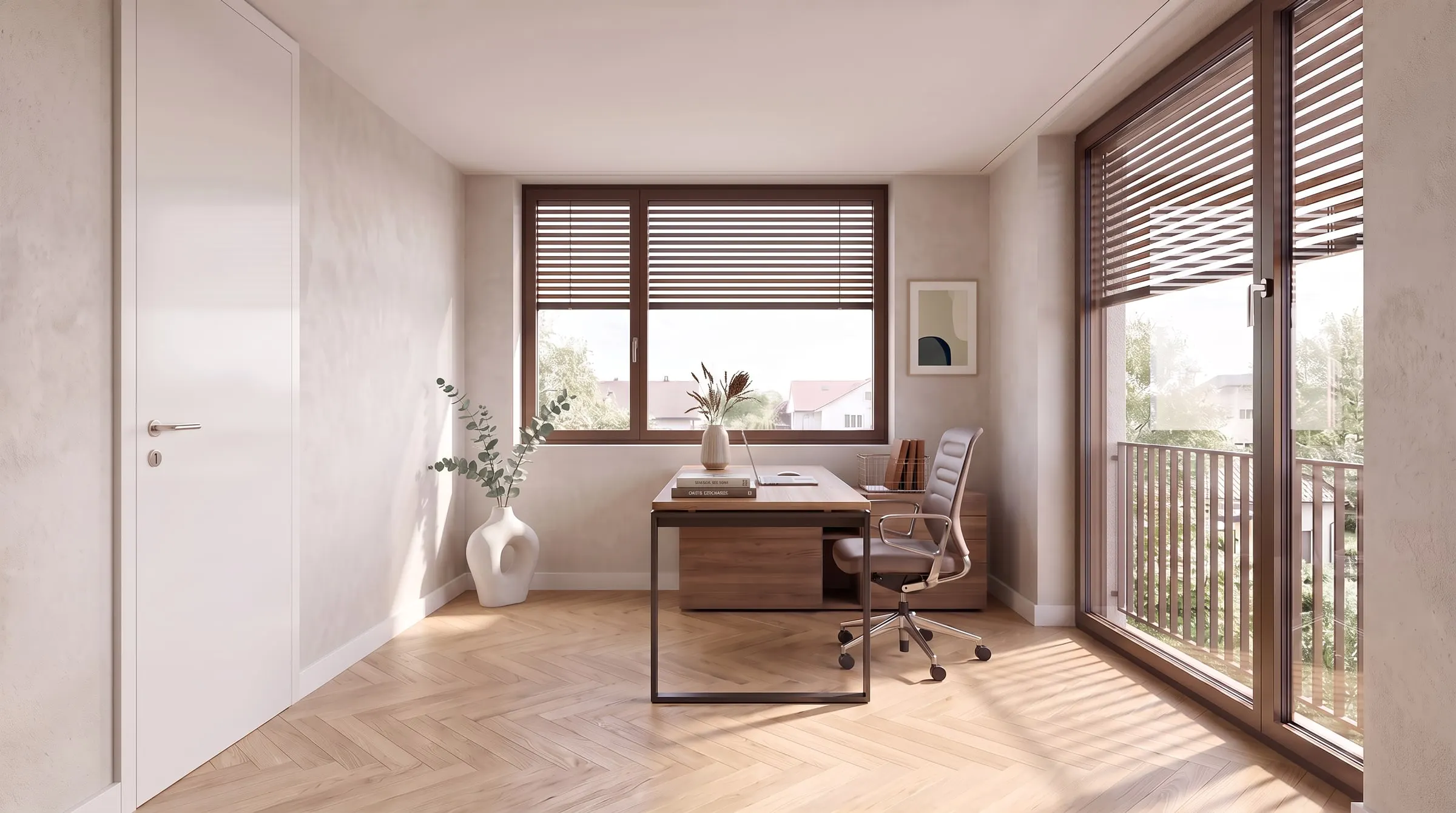 Visualisierung Büro mit Schreibtisch und Fenster zum Balkon