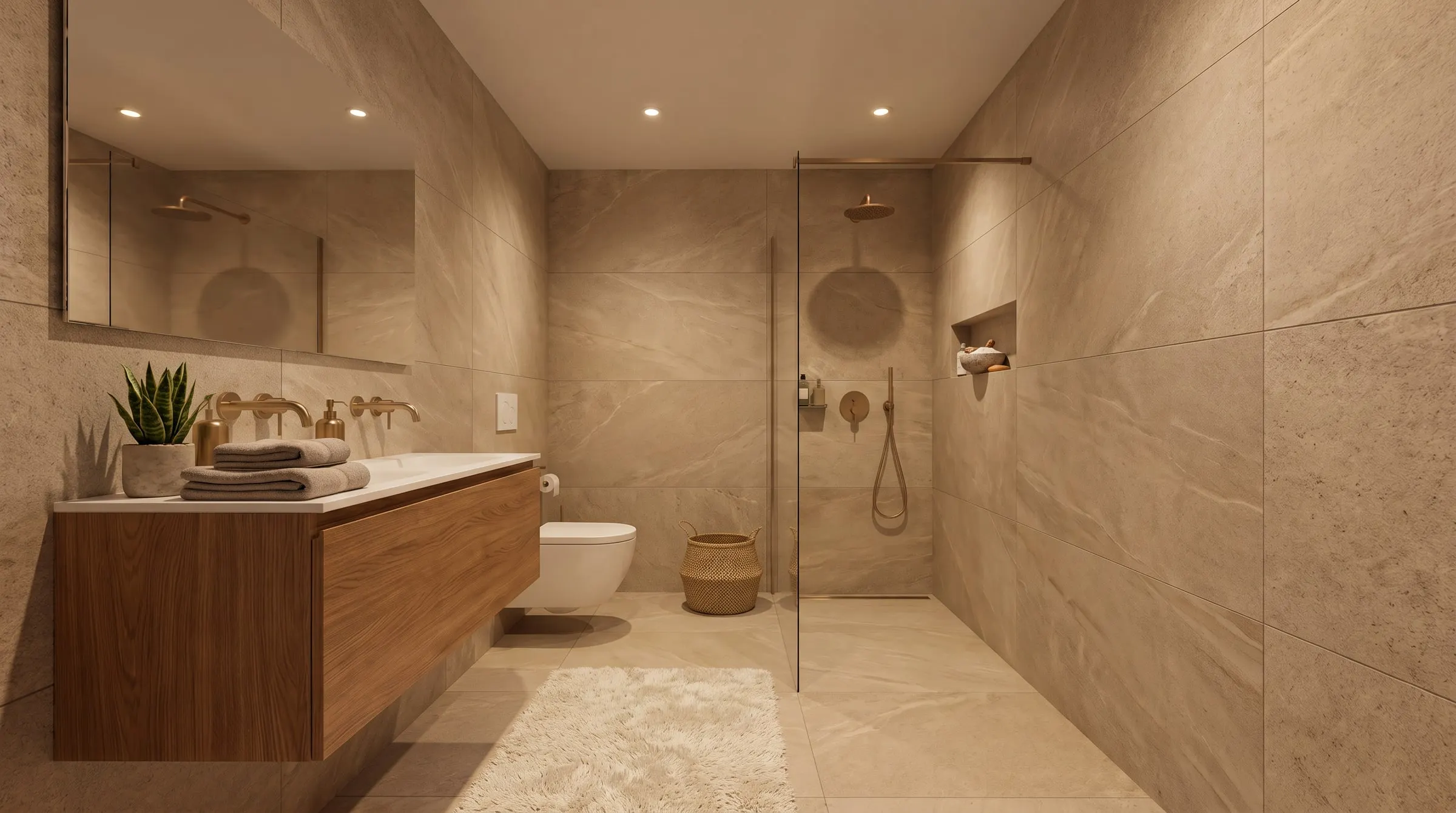 Visualisierung Badezimmer mit Natursteinoptik und Dusche