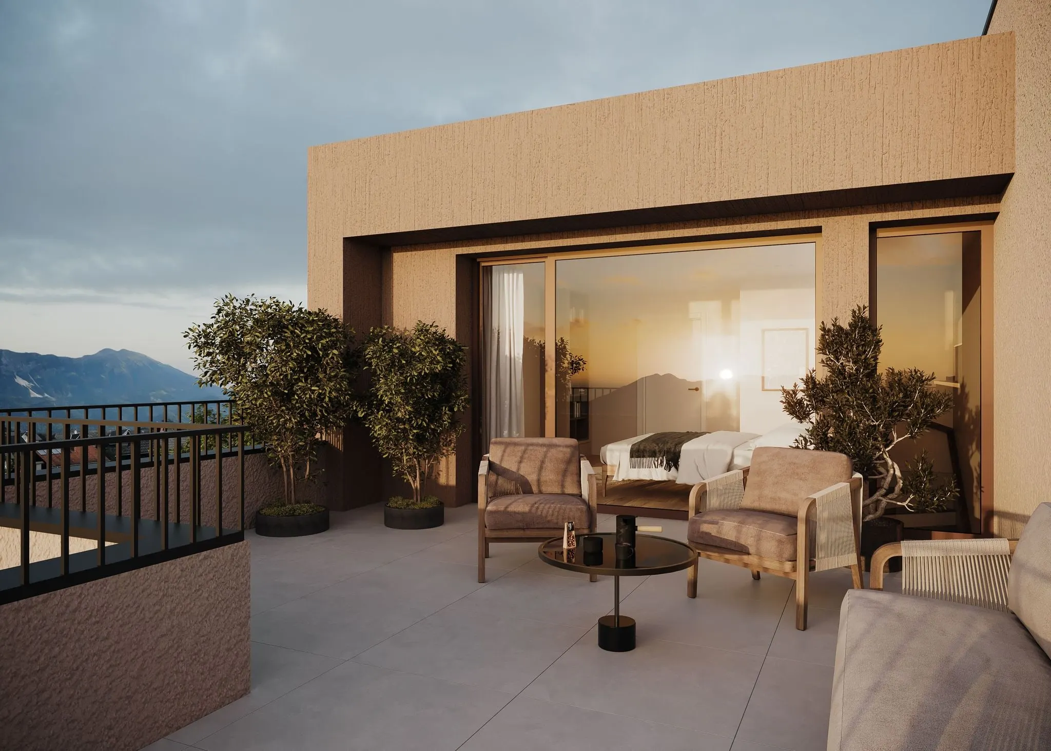 Visualisierung: Dachterrasse mit Sitzgruppe bei Abendlicht