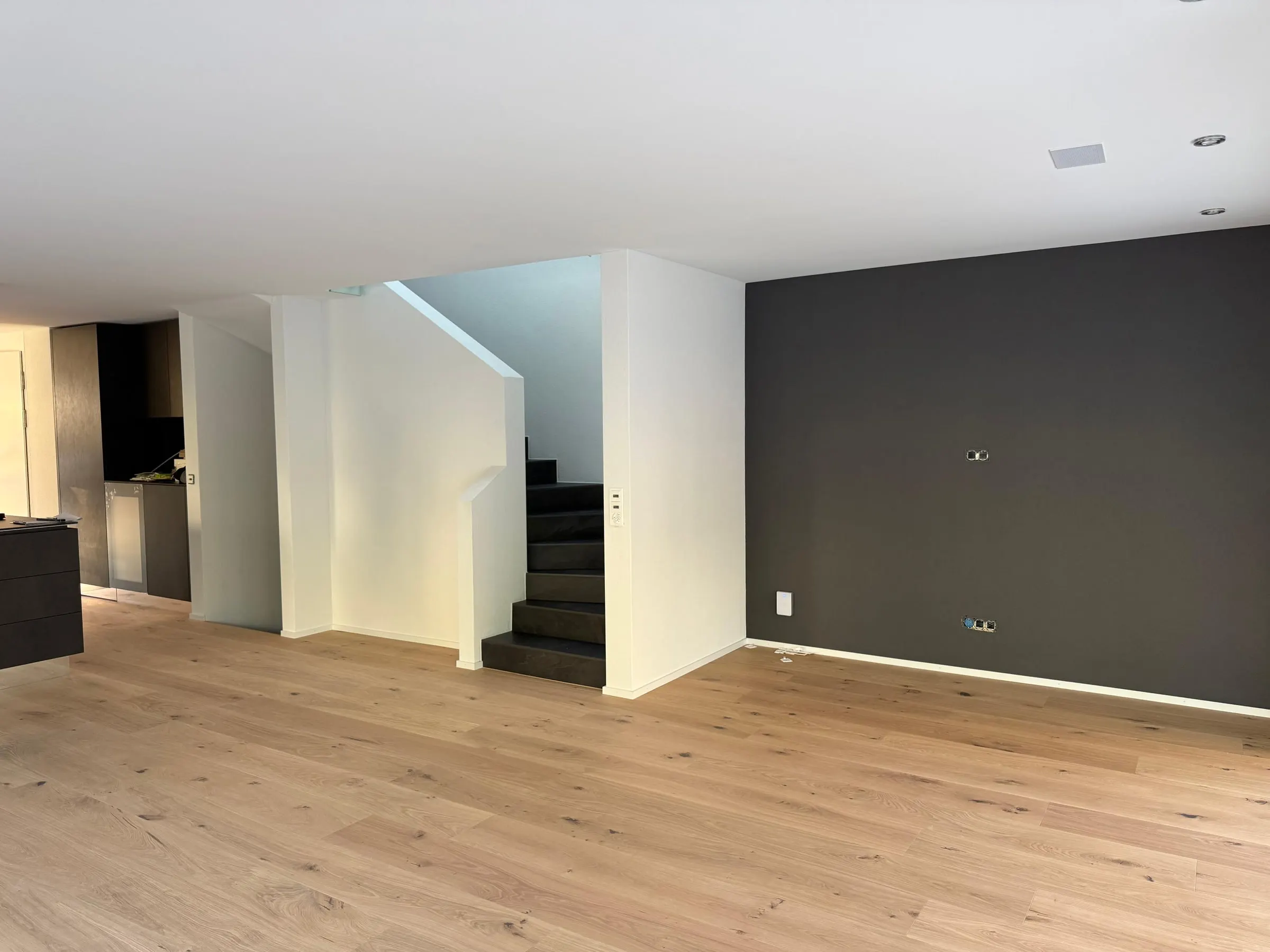 Wohnraum mit dunkler Akzentwand und Treppe
