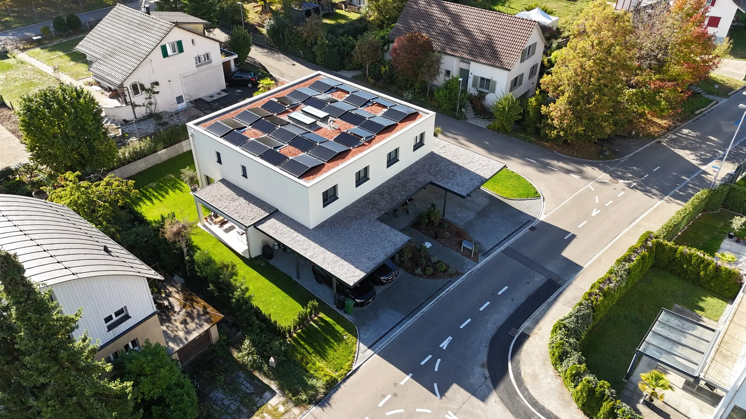 Doppeleinfamilienhaus im Quartier, Luftaufnahme